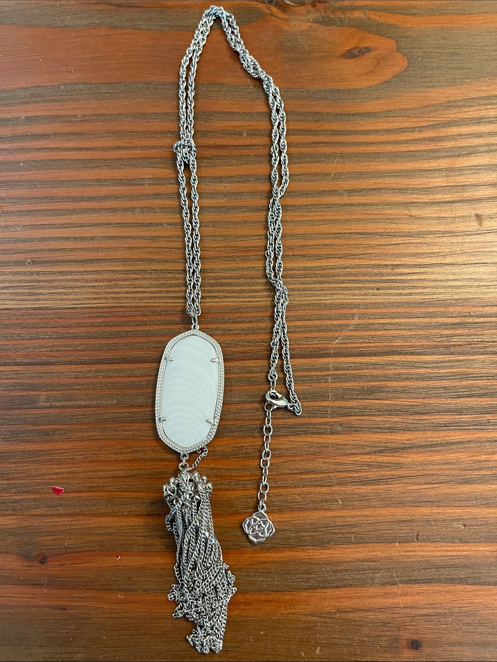 Kendra Scott Silver White Oval Pendant Tassel Necklace
